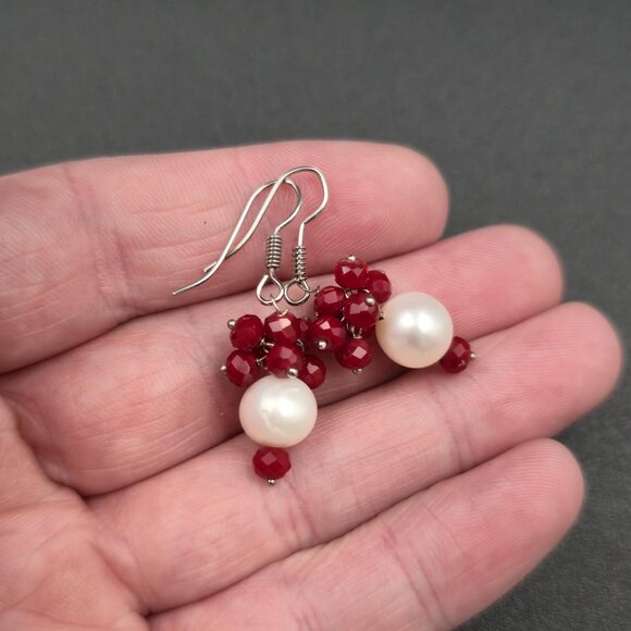 Silver Plated Pearl And Pyrope Garnet Earrings A7275 - Picture 3 of 5